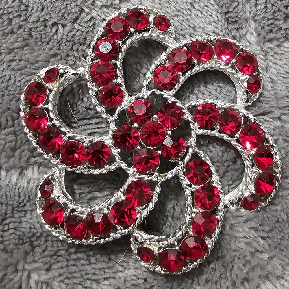 Elegant Silver and Red Crystal Brooch